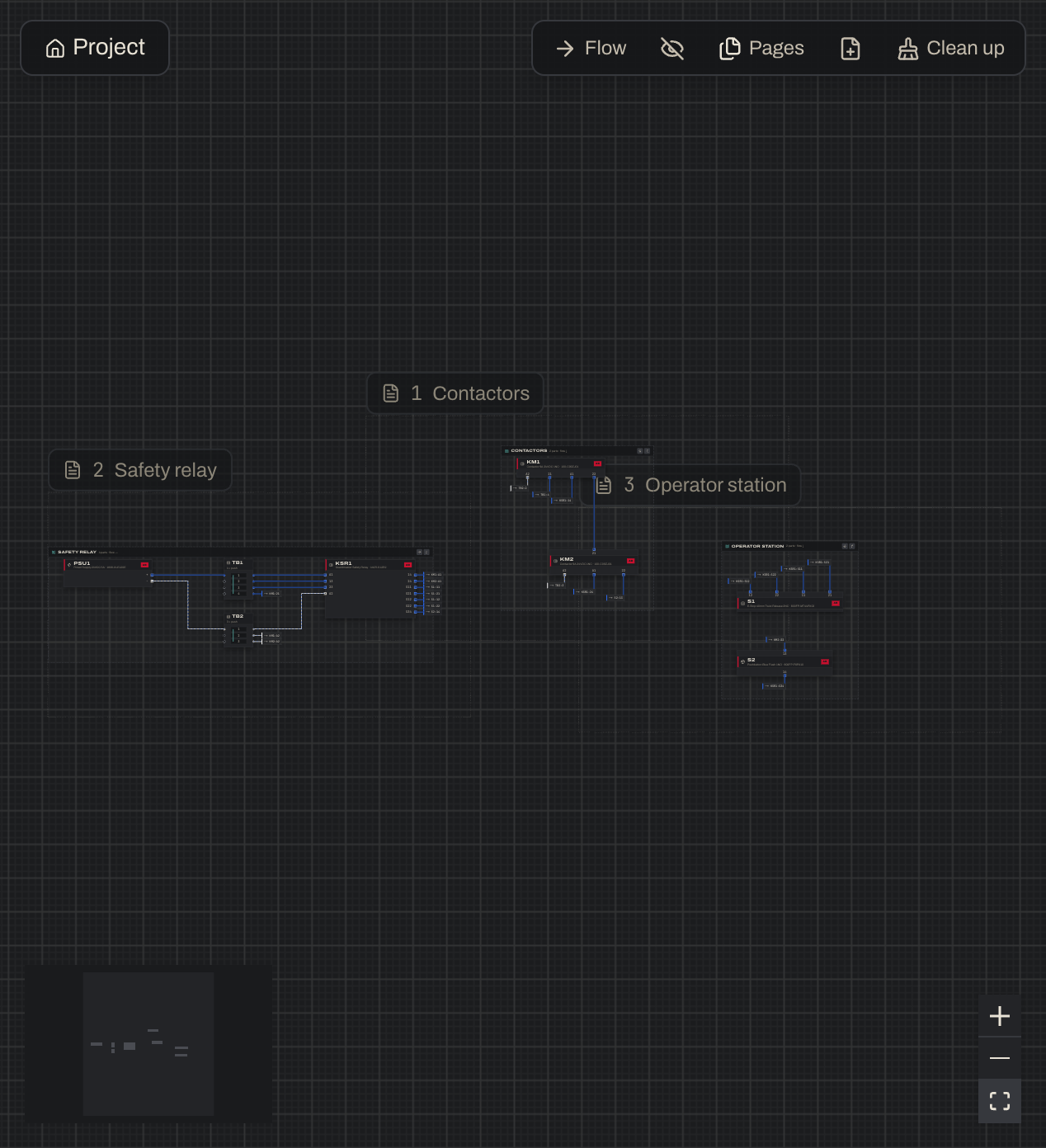 The Ohmstead canvas with two print page frames, Auto page 1 and Auto page 2, around the E-stop schematic
