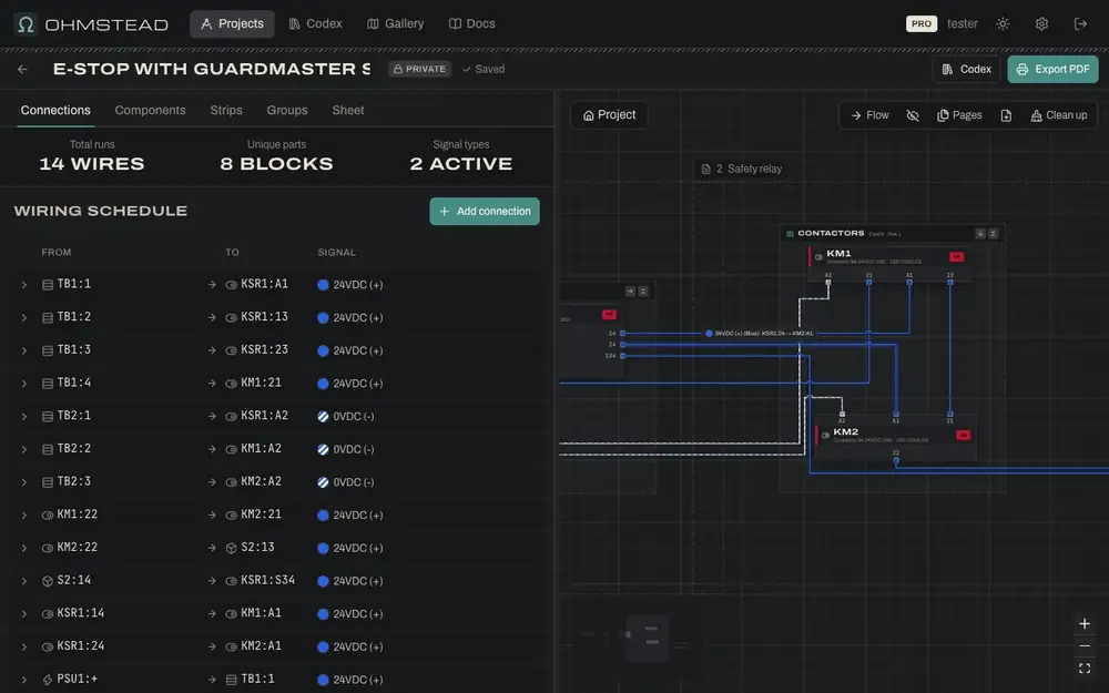 Ohmstead: typing four E-stop channel wires into the wiring schedule; each one routes on the schematic as it's entered